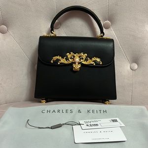 Charles & Keith Merial Metallic Accent Top Handle Bag in black NWT